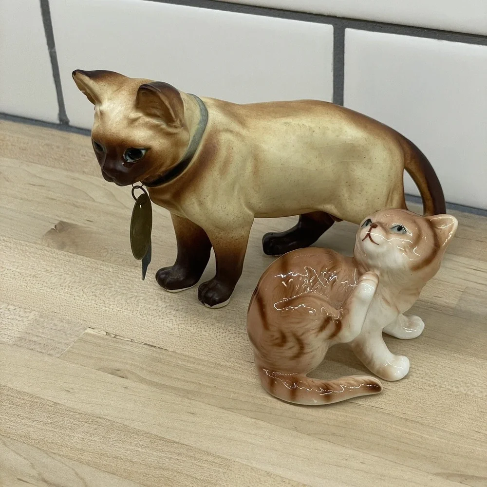 Vintage Cat Lot Of 2 MCM Porcelain Siamese Cat 